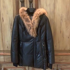 Mackage Lg. down/leather jacket w/raccoon collar.